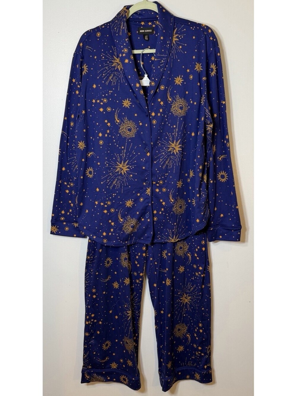 Room Service Celestial Pajama Set XL Blue Gold Starburst Moon Sun Soft NWOTS